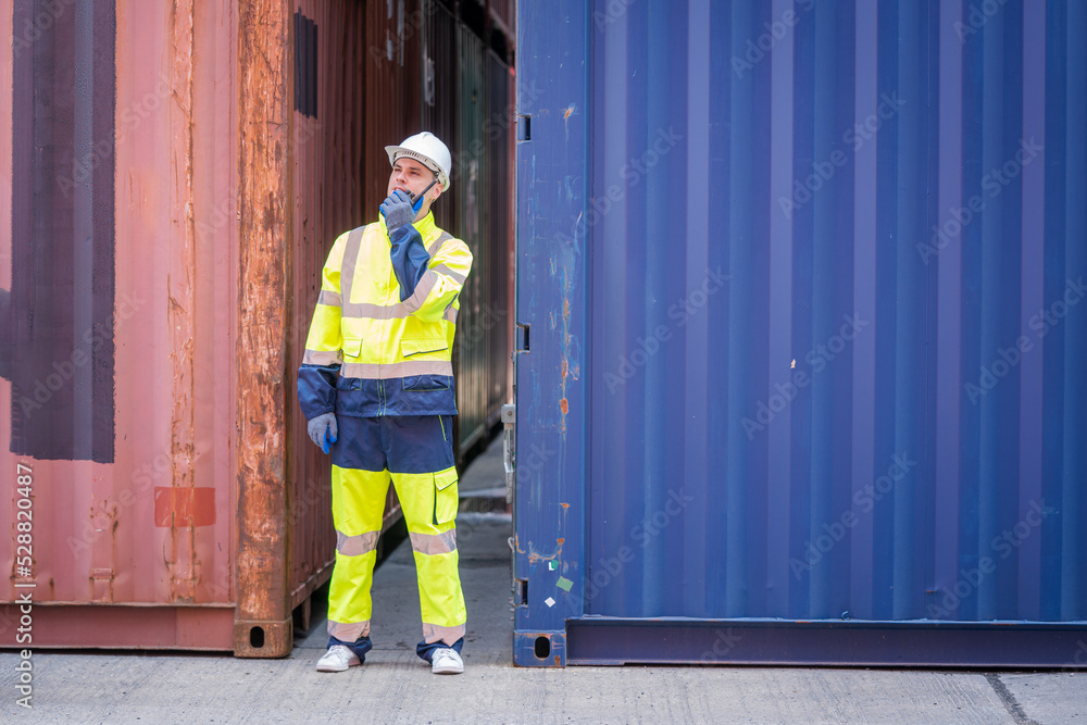 Aufkleber Supervisor and Cargo container worker having discussion on working plan together in the container yard,Container in export and import business and logistics.