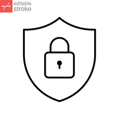 Padlock security icon outline style. Shield Lock cyber security. antivirus protection. password lock badge. private secured access Editable stroke vector illustration design on white background EPS 10