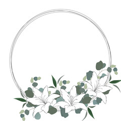 Botanical illustration. Wreath with lilies. Composition with white lily, bud, branches and green leaves. Ideal for wedding invitations, cards, frames. White lilies, eucalyptus, plants, leaves.