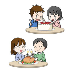 クリスマスの食事を楽しむ男女のデフォルメイラスト