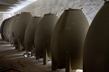 Stages of wine production from fermentation to bottling, visit to wine cellars in Burgundy, France....