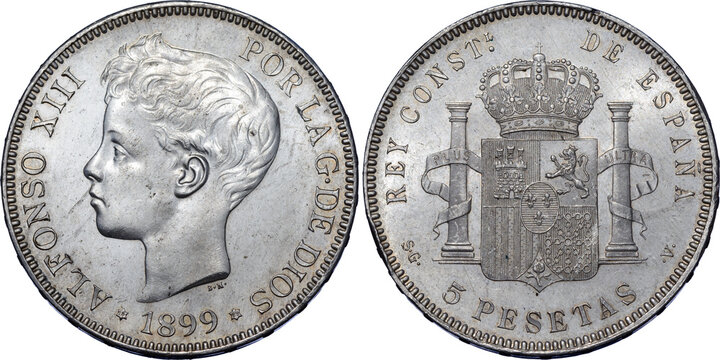 SPAIN, Alfonso XIII, 5 Pesetas 1899 SG-V, UNC