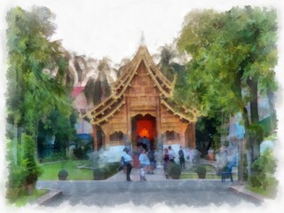 Obraz premium Landscape and scenery of the Ancient Architecture Council in Chiang Mai and tourist attractions of Thailand watercolor style illustration impressionist painting.