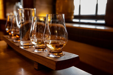 Flight of single malt scotch whisky in glasses served in whiskey bar in Edinburgh, UK