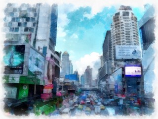 Fototapeta premium Bangkok city landscape Thailand watercolor style illustration impressionist painting.