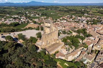 Aerial vIew on medieval buildings and vineyards in sunny day, vacation destination wine making...