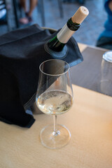 Drinking of txakoli or chacolí slightly sparkling very dry white wine produced in Spanish Basque Country, served in restaurant in Getaria, Spain