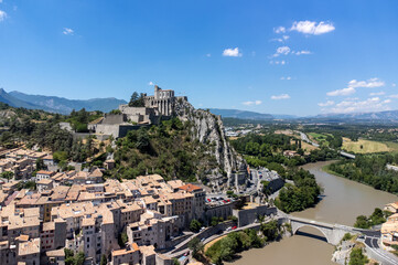 Fototapeta premium View on historical city Sisteron with river Durance, gates to Provence, France