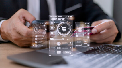 Shopper using computer laptop to input order with trolley credit card delivery truck for online shopping and e-commerce technology concept.
