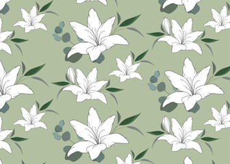 Fototapeta premium Seamless pattern of linear white lilies with botanical elements, eucalyptus, leaves, buds.