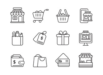 Set of shop-related icons in linear style isolated on white background