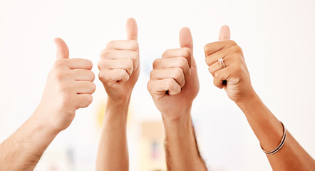 Group thumbs up, vote or like hand emoji sign or gesture closeup on white wall mockup. Thank you,...
