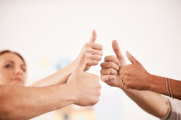 People with their thumbs up for success, achievement or agreement in a community support group....