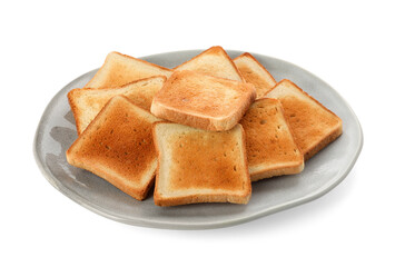 Plate with slices of delicious toasted bread on white background