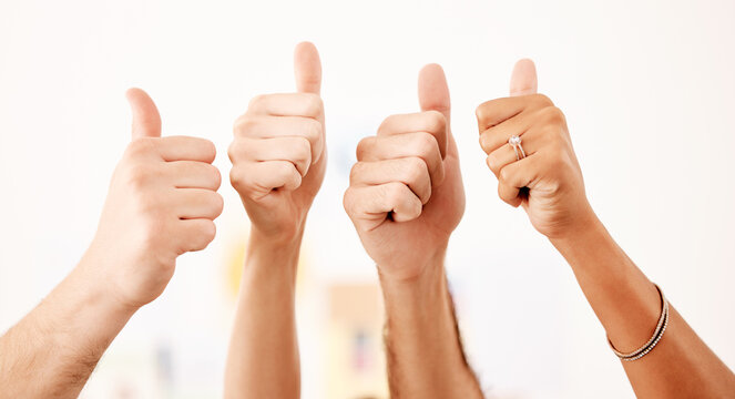 Group thumbs up, vote or like hand emoji sign or gesture closeup on white wall mockup. Thank you, yes or support sign, icon or gesture for trust, agreement or social media review with mock up - Powered by Adobe