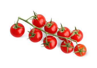 Branch of fresh cherry tomatoes isolated on white, top view