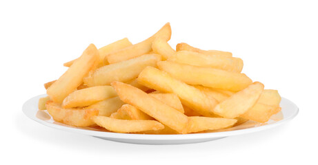 Plate with delicious french fries on white background