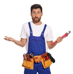 Professional plumber with pipe wrench and tool belt on white background