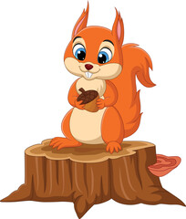 Fototapeta premium Cartoon funny squirrel holding a pine cone on tree stump