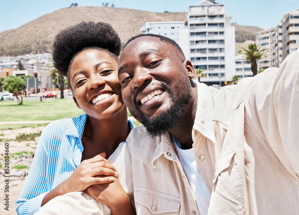 Wall mural Portrait, love selfie and happy black couple together in the city, street or outdoors. Romance, man and woman taking a romantic picture with happiness on a date, trip or summer holiday together.