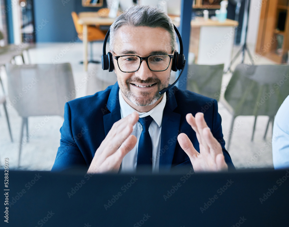 Poster call center agent, telemarketing, and customer support consultant wearing a headset and looking happ