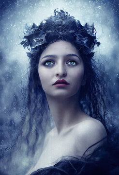 Portrait of a beautiful young woman with frozen face, and crown of frozen brunches in cold snowy day, depicting Winter Queen Morana, created with Generative AI technology