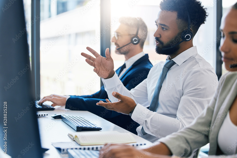 Aufkleber call center, customer care and support with a man consultant in a headset working on a computer in h