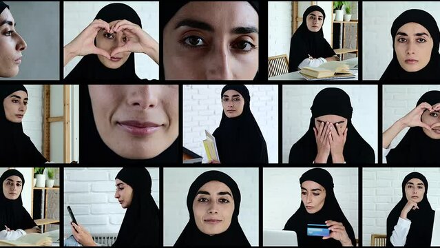 Video montage in a collage with a model of Arabic appearance in a traditional hijab with various emotions and activities. Portrait of a Muslim woman in a black hijab looking at the camera.