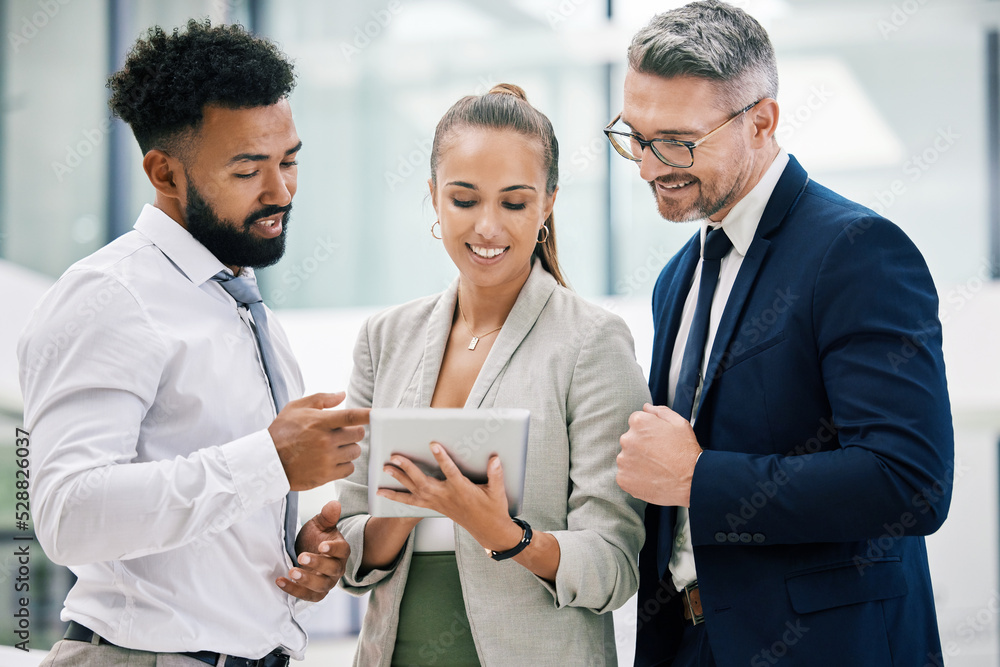 Aufkleber excited team collaboration on a digital tablet with business partner in a corporate office, planning