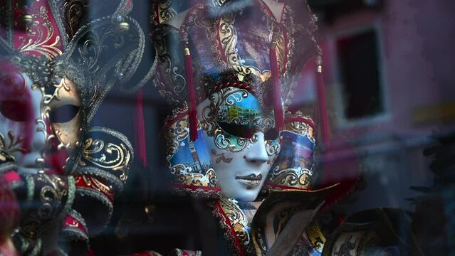 Beautiful decorated Venetian Carnival Masks seen in one of the shops in Venice.