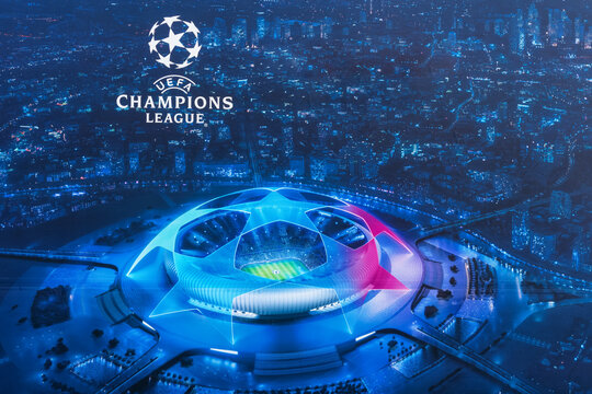 View of the poster on the wall of the Dragao en Oporto stadium, announcing the final of the UEFA Champions leage 2021 in this stadium - background