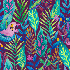Colorful seamless pattern with bright tropical leaves and flowers. Tropical insects, mantis in jungle plants. Hand drawn detailed illustration.