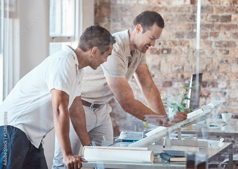 Poster Architecture, collaboration and planning with an architect and engineer talking and drawing blueprint design together in an office. Teamwork and design by men planning construction building project