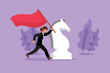 Cartoon flat style drawing happy businesswoman running and holding flag beside big horse knight chess. Business achievement goal, win competition. Metaphor concept. Graphic design vector illustration