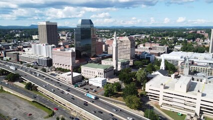 Aerial Drone View Highway Traffic Downtown Springfield, MA