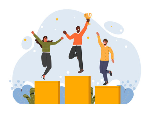 People Celebrating Business Success. Young Male And Female Entrepreneurs Stand On Podium, Hold Golden Cup And Jump. Rewarding Joyful Employees. Competition Winners. Cartoon Flat Vector Illustration