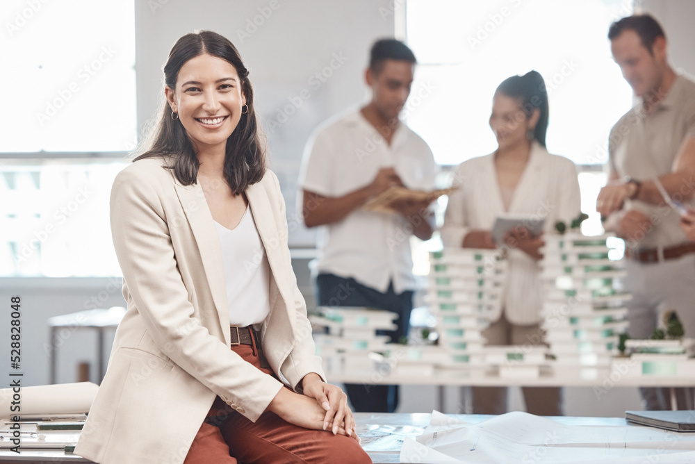 Aufkleber architect woman, portrait and smile at office brainstorming meeting for project model with staff. bu