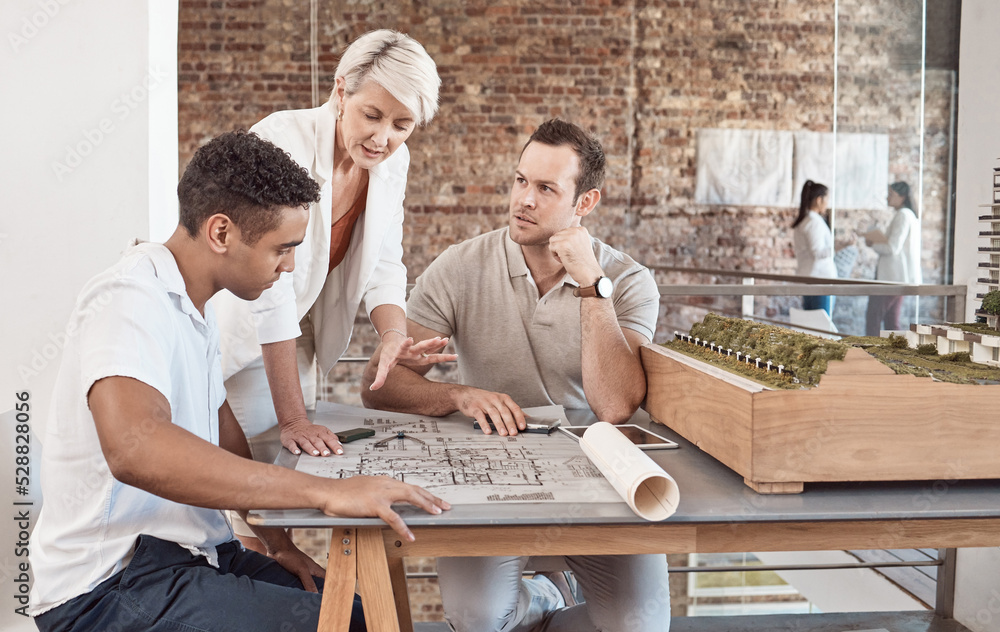 Poster Architect, builder and engineer meeting and working as a team in an office with a blueprint and planning in the construction industry. Teamwork and collaboration on a building design or project