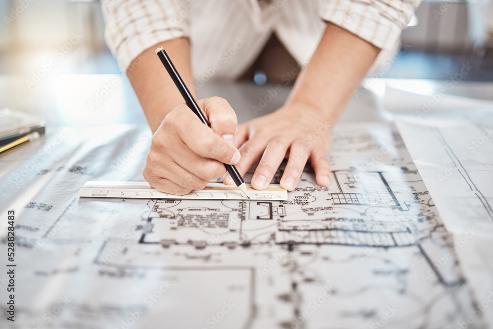 Leinwandbilder Architect drawing building floor plan, design blueprint map and engineer drafting structure on table paper. Real estate development work office construction and industrial wall safety ruler