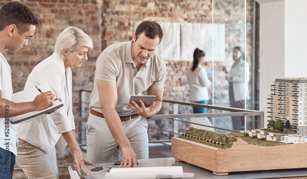 Poster teamwork architecture, building model and construction of property project, blueprint engineering an