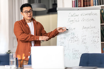 Chinese Teacher Man Having English Lesson Online Teaching In Classroom