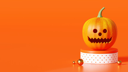 3D Rendering Happy Halloween, Podium Pumpkin right hand side on orange background, October 31st, copy space for text message or banner template design for product display