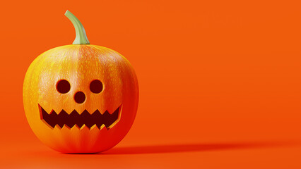 3D Rendering Happy Halloween, pumpkin left hand side on orange background, October 31st, head jack symbol, copy space for text message or banner template minimal design for product display