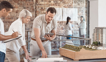 Teamwork architecture, building model and construction of property project, blueprint engineering and industrial planning. Professional designers, creative workers and floor plan scale development