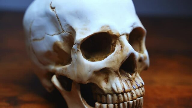 Human anatomy. A human skull on the table close-up. Anatomically correct medical model of the human skull. High quality 4k footage