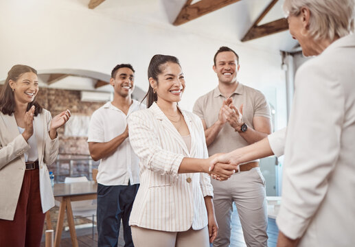 Handshake, success deal and teamwork training for office collaboration support, partnership trust or b2b crm. Diversity, smile or happy business people clapping for goal, target or success in meeting