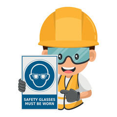 Construction industrial worker with warning sign of mandatory use of safety glasses. Safety glasses must be worn. Industrial safety and occupational health at work