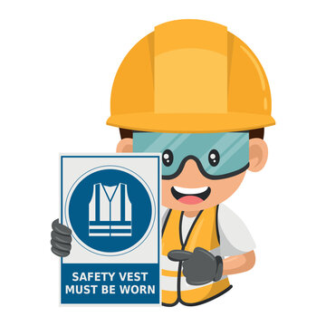 Construction industrial worker with warning sign of mandatory use of safety vest. Safety vest must be worn. Industrial safety and occupational health at work