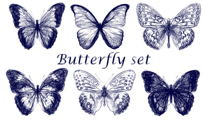 Fototapeta na wymiar Set of butterflies drawn with a blue pen isolated on a white