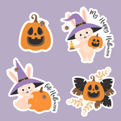 Halloween stickers. Cute halloween bunny in witch hat with spider and candle, pumpkin jack o lantern, and pumpkin with leaf decoration. Isolated vector elements for decor, design, decoration, print.